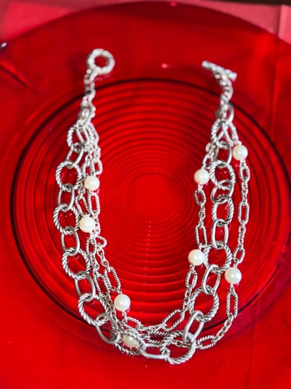 Elegant Multi-Strand Pearl & Silver Chain Toggle Necklace